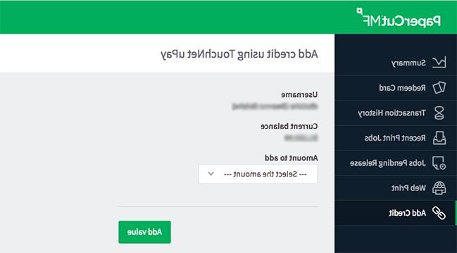 Screen shot of the Add Credit interface in PaperCut